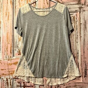 Heather Gray Short Sleeve Tee with Cream Lace Insets